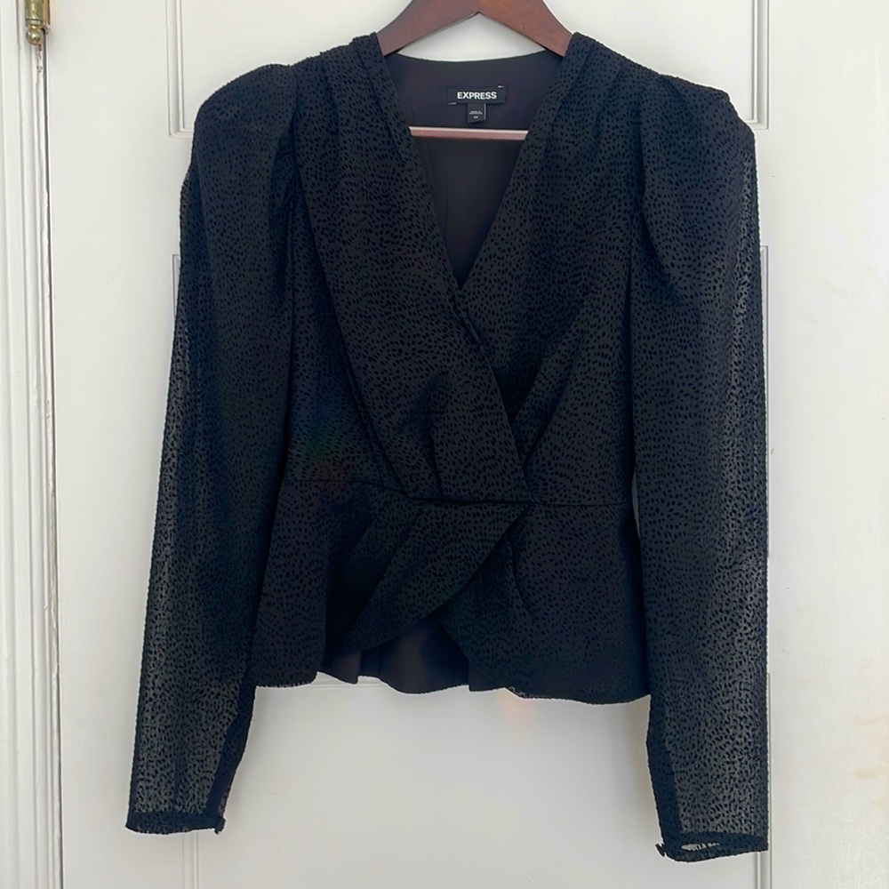 Express Jacquard Dot Faux Wrap Peplum Blouse